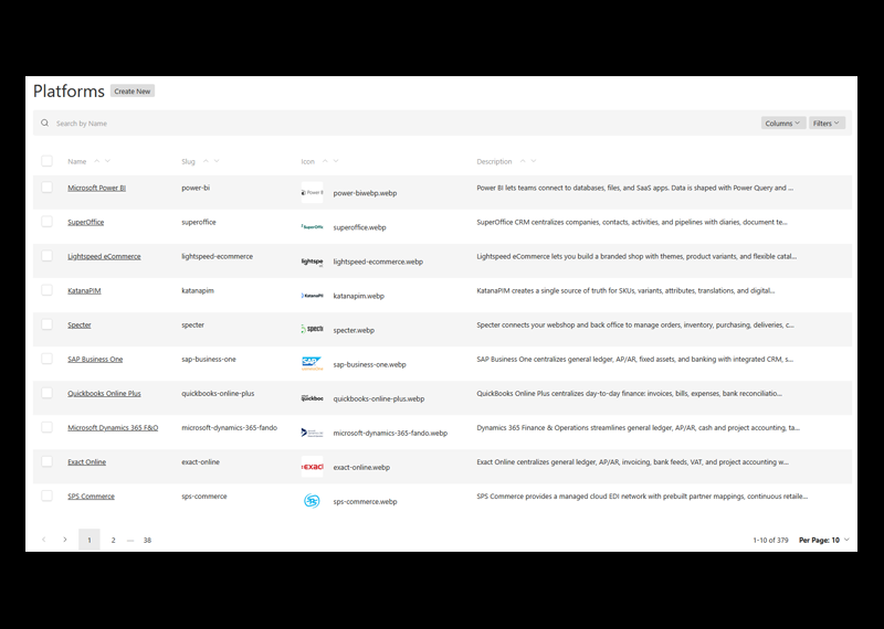 Screenshot of the sinsou connector administration panel showing the structured database of platforms used to generate system-to-system integration pages.